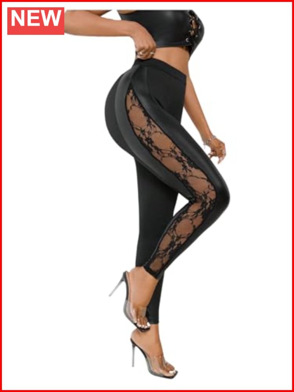 Women's PU Leather Mesh Lace Cut Out High Waist Skinny Leggings Pants